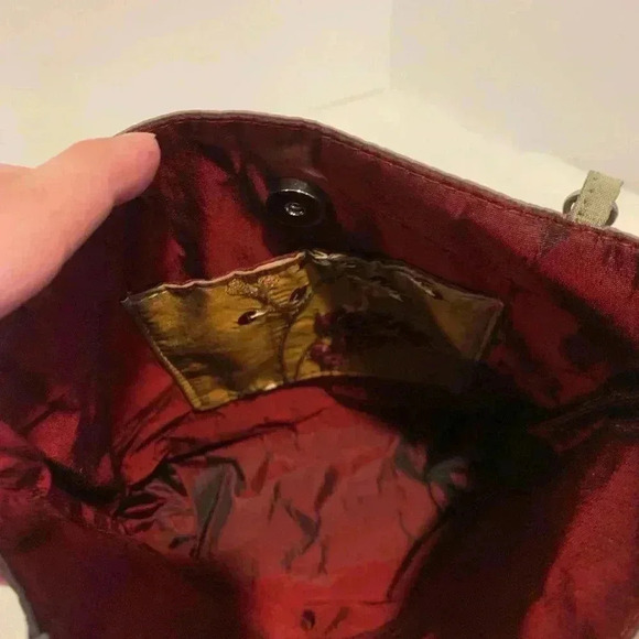 Embroidered Brown Small Handbag Purse Evening Bag Flowers Beaded Handles - Picture 5 of 6